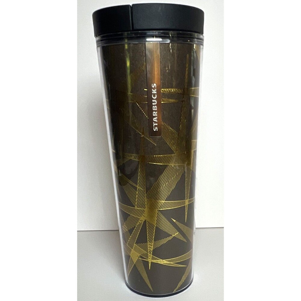 Starbucks 16 fl oz Travel Tumbler Black/Gold Geometric Plastic Drink-Through